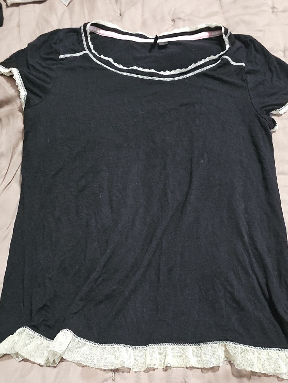 Kensie Black Short Sleeve Tee with‎ Cream Lace Trim